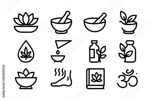 Set of linear icons related to ayurveda and herbal remedies