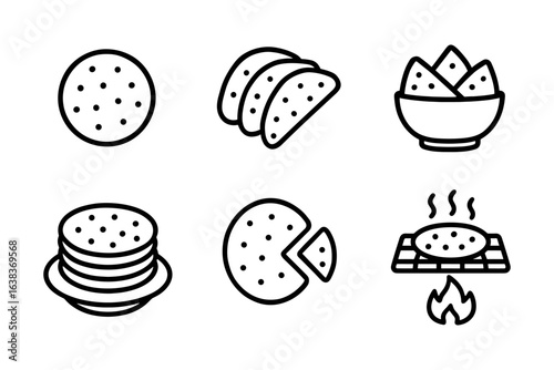 Minimalist snack icons featuring pizza, tacos, nachos, and crackers in line art style