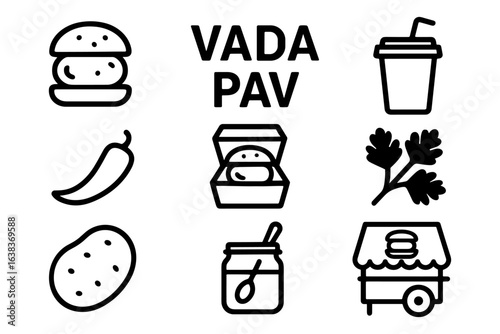 Minimalist icons of vada pav ingredients and street food elements