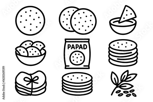 Papadum line art collection: traditional indian snack icons