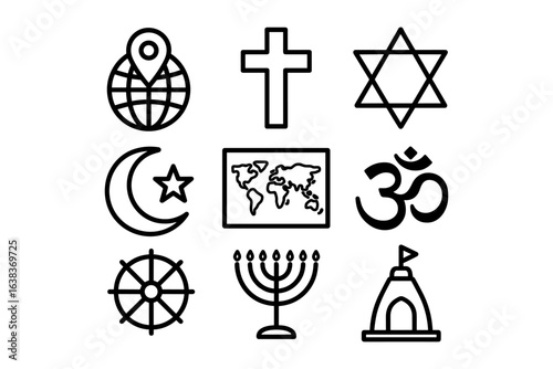 Religious symbols collection: global faith icons line art