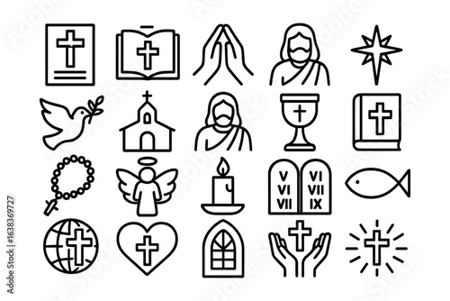 Icon set featuring christian symbols in linear style including cross, bible, chalice, and praying hands