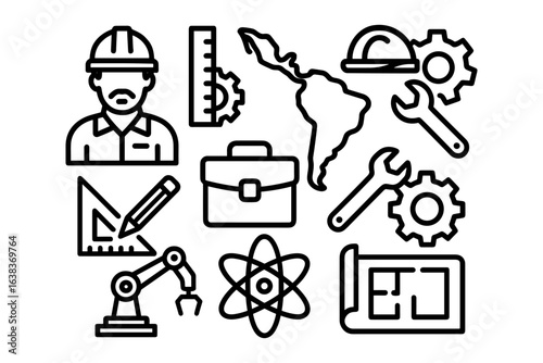 Industrial engineering icons with map, tools, and briefcase in linear style