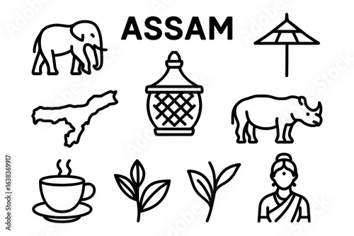 Assam icons set featuring elephant, rhino, tea plantation, bamboo hat, map, lantern, local woman, minimalist style