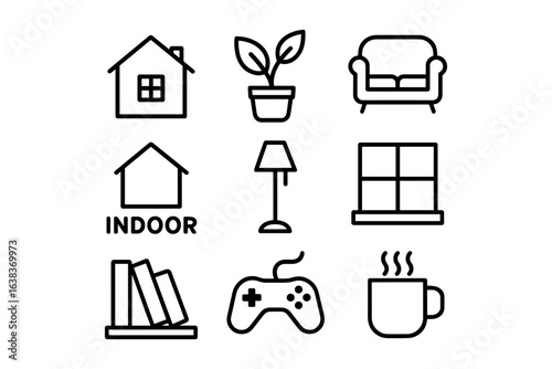 Simple home icons set featuring furniture, plants, and everyday objects in minimalist style