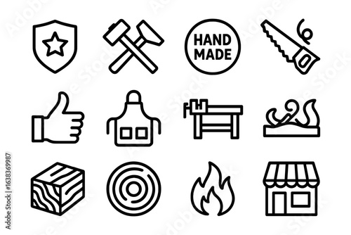 Handmade carpentry icons: black linear design featuring tools and symbols