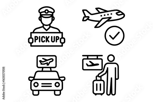 Airport travel icons: pick up, flight, taxi, luggage in bold linear style