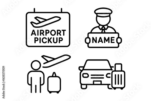 Airport pickup service icons: transportation, travel, and taxi themes in line style