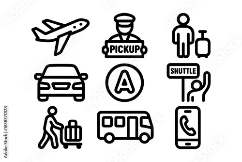 Airport transport icons: pickup services, shuttle, and travel essentials in simple black linear style