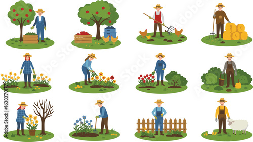 Farmer gardening and farming flat vector illustration, agriculture people working on farm, planting, harvesting, livestock care, cad drawing design, seasonal farming concept