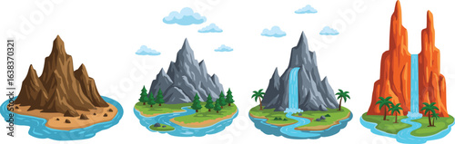 Mountain river landscape vector set, waterfall and nature scene cartoon illustration, tropical and rocky terrain for CAD drawing, flat design for map creation.