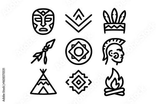 Traditional tribal symbols collection in bold black line style