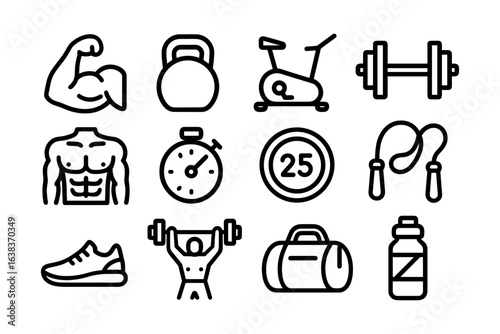 Fitness and gym equipment icons - outline design for exercise and workout themes