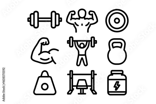 Black and white fitness icons set featuring weights and equipment