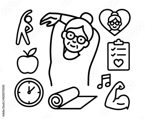 Healthy lifestyle line art with elderly woman exercising and wellness icons