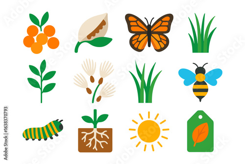 Colorful nature elements icons: plants, insects, and gardening tools in flat design