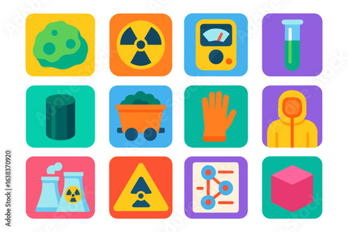 Colorful flat icons of radioactivity and hazardous materials with safety equipment