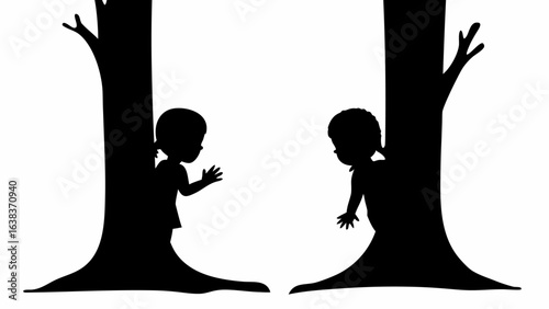 Silhouette illustration of two children playing hide and seek behind trees in a monochrome black and white scene | editable eps vectors