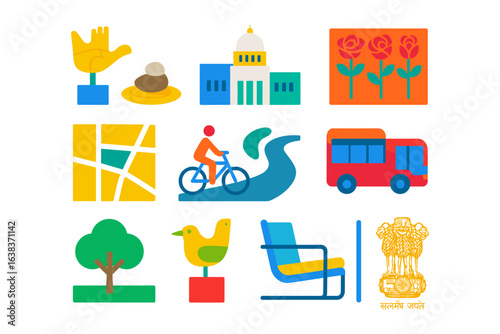 Colorful icon set featuring urban symbols and landmarks