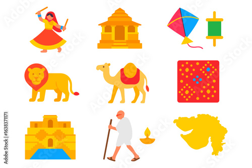 Cultural icons of india: traditional symbols in vibrant flat style