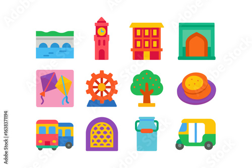 Colorful flat icons representing indian culture and landmarks