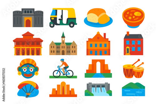Flat icons of indian culture and landmarks: food, architecture, and activities