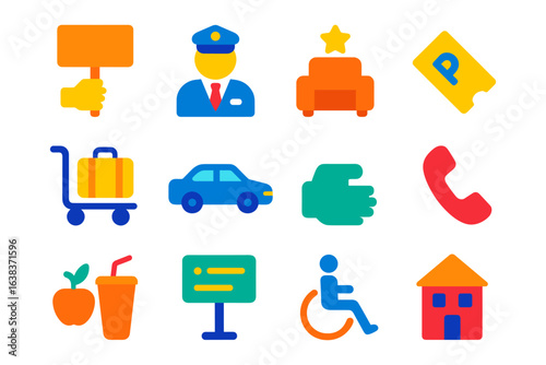 Colorful flat icons for transportation, hospitality, and accessibility