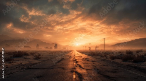 Desolate Post-Apocalyptic Desert Highway at Dusk with Dramatic Clouds and Distant Silhouettes