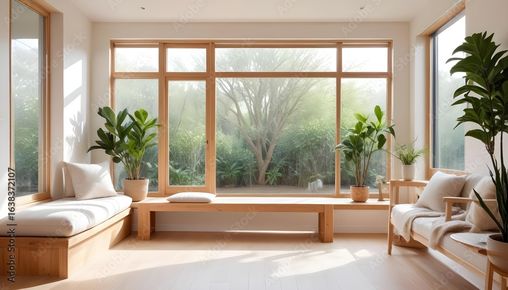Fototapeta premium A bright living room with large windows, plants, and a garden view.