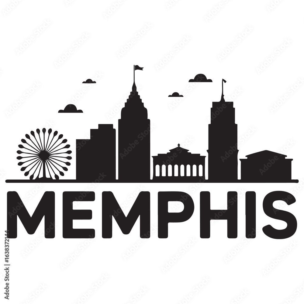 Fototapeta premium Vector Memphis skyline. Travel Memphis famous landmarks. Business and tourism concept for presentation, banner, web site. Vector black silhouette. with white background.