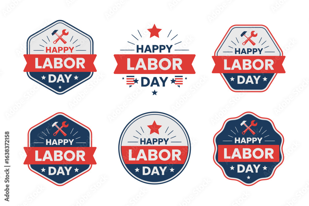 Happy Labor Day sticker set, red blue badge icons, USA patriotic vector, celebration label collection, American holiday design Happy Labor Day sticker set, red blue badge icons, USA patriotic vector, celebration label collection, American holiday design
