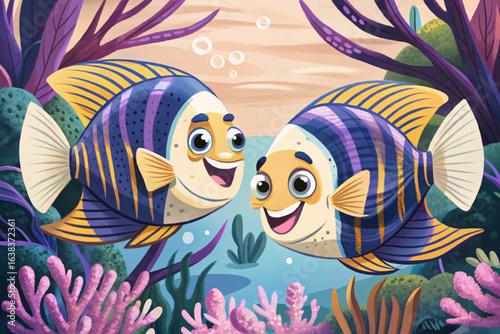 Angelfish gliding elegantly in calm blue reef waters, serene underwater moment cartoon wallpaper