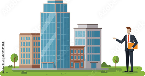 Modern cityscape illustration, business man presenting corporate buildings, urban architecture scene, office tower skyline view, flat vector, cad drawing flat vector illustration