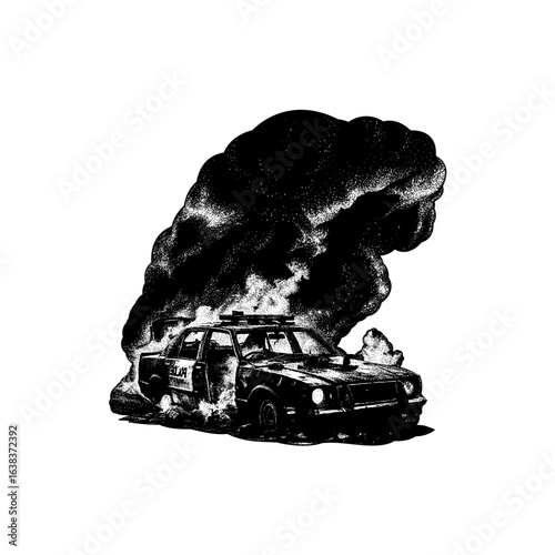 A detailed black and white illustration of a burning police car with thick smoke billowing into the air, depicting destruction and chaos in a gritty, graphic art style.