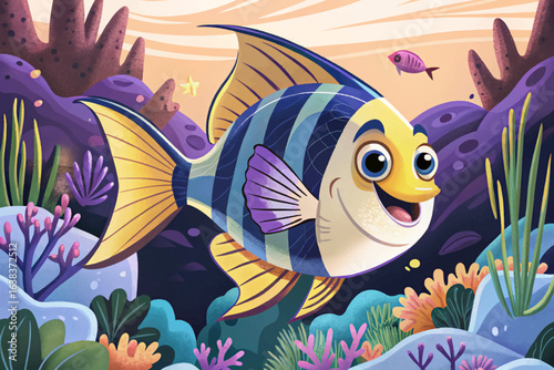 Angelfish gliding elegantly in calm blue reef waters, serene underwater moment cartoon wallpaper