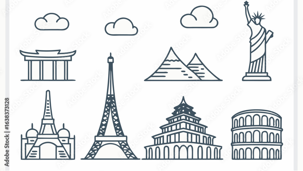 Obraz premium Illustration of iconic world landmarks including the eiffel tower the pyramids and the statue of liberty | editable eps vectors silhouette