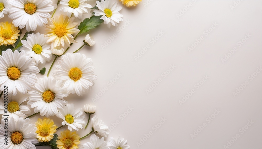 Fototapeta premium a delicate border of pristine daisies arranged on a soft off white backdrop creating a charming and elegant floral frame perfect for various design applications