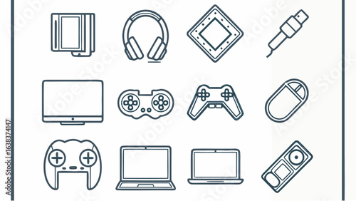 Illustration of various electronic devices including laptops headphones and game controllers in line art | editable eps vectors silhouette