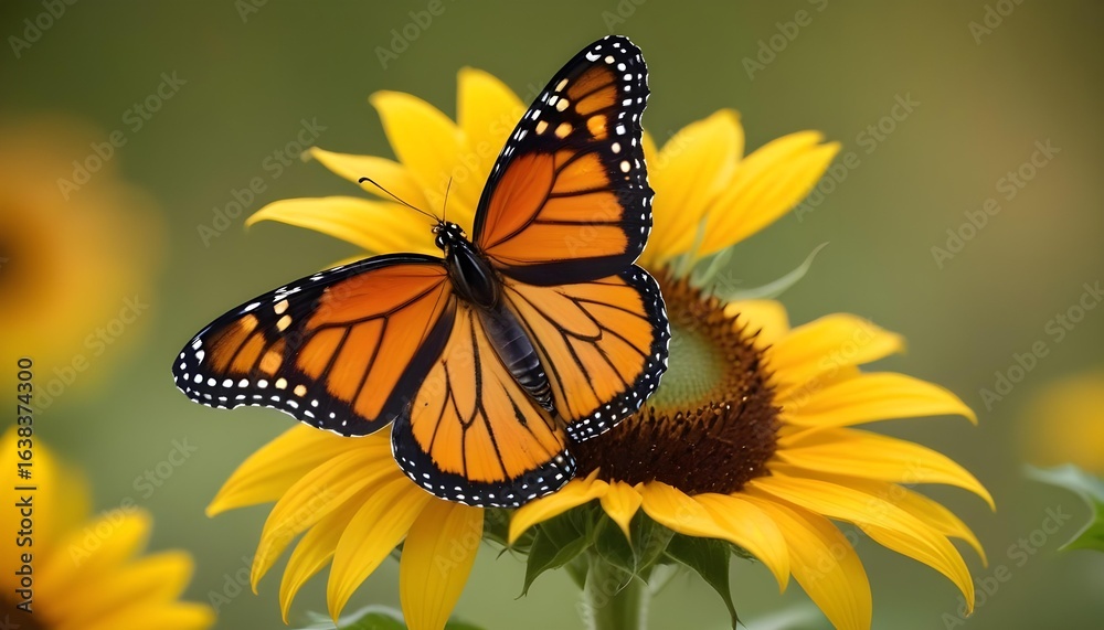 Fototapeta premium Monarch butterfly perched on a bright yellow sunflower in a natural garden.
