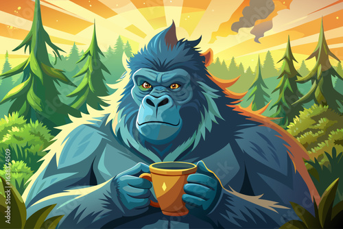 vector of A creature called a gorilla. He is holding a mug of steam with a forest background. Sunlight streams through the scene, highlighting the dense fur and the creature's relaxed state.
