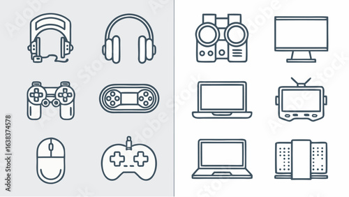 Illustration showing various electronic devices including headphones, controllers, laptops and a tv screen | editable eps vectors silhouette