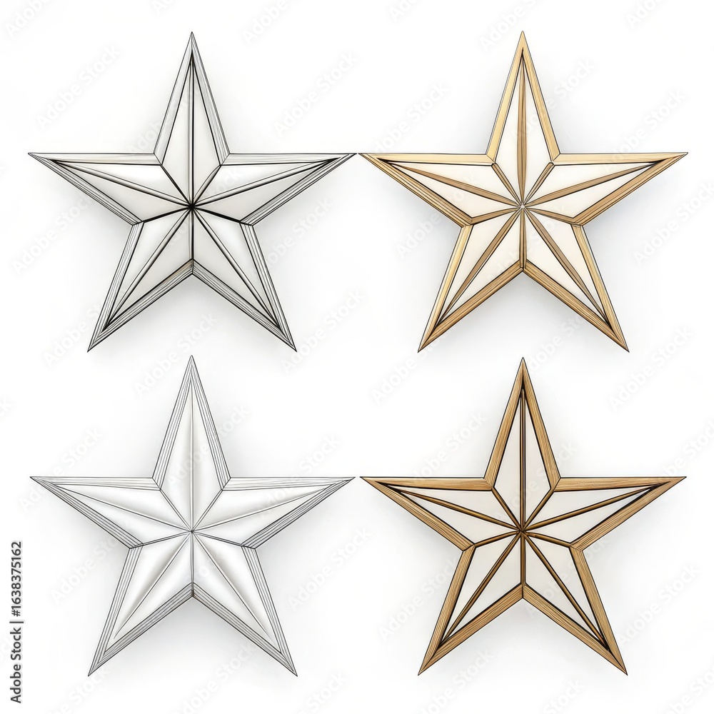 Obraz premium Four stylized star shapes in silver gold and wireframe on a white background in a square format