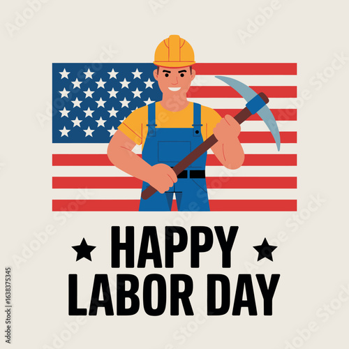 Happy Labor Day worker illustration, American flag background, holiday celebration design, patriotic worker vector, USA labor day art