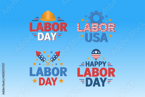 Labor Day celebration badge set, gear and star icons, USA patriotic vector, American worker holiday, festive emblem collection
