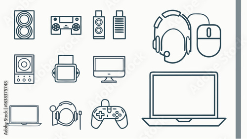 Illustration showing various types of electronic devices including speakers and computer peripherals | editable eps vectors silhouette