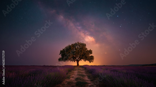 Lone tree in lavender field under Milky Way night sky, panoramic landscape