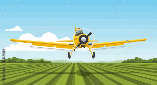 Vibrant yellow crop duster aircraft flying low over a lush cultivated field