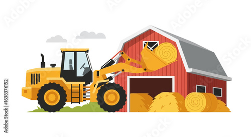 Agricultural illustration showcasing tractor unloading hay bales at a red barn