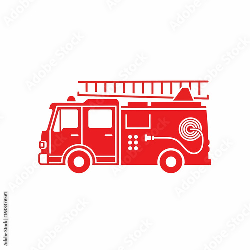 A simple red icon of a fire engine in profile, featuring a ladder on top and a coiled water hose.
