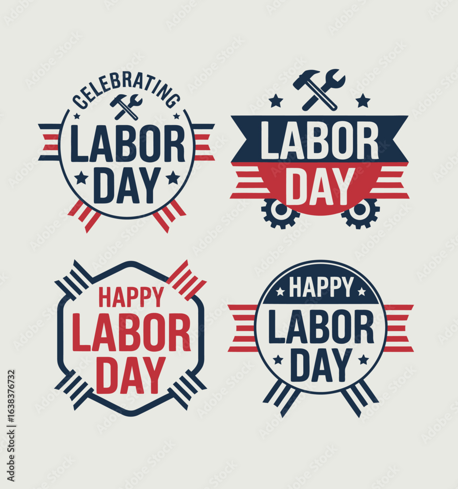 USA Labor Day badge pack, star and gear icons, patriotic celebration vector, American worker holiday, festive label collection USA Labor Day badge pack, star and gear icons, patriotic celebration vector, American worker holiday, festive label collection
